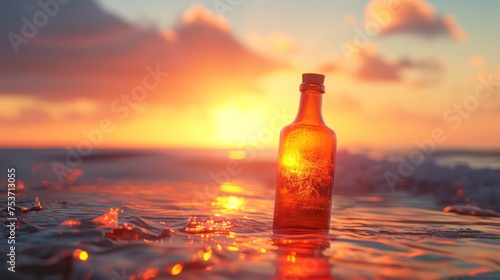 Golden sunrise shining through a bottle on a serene beach