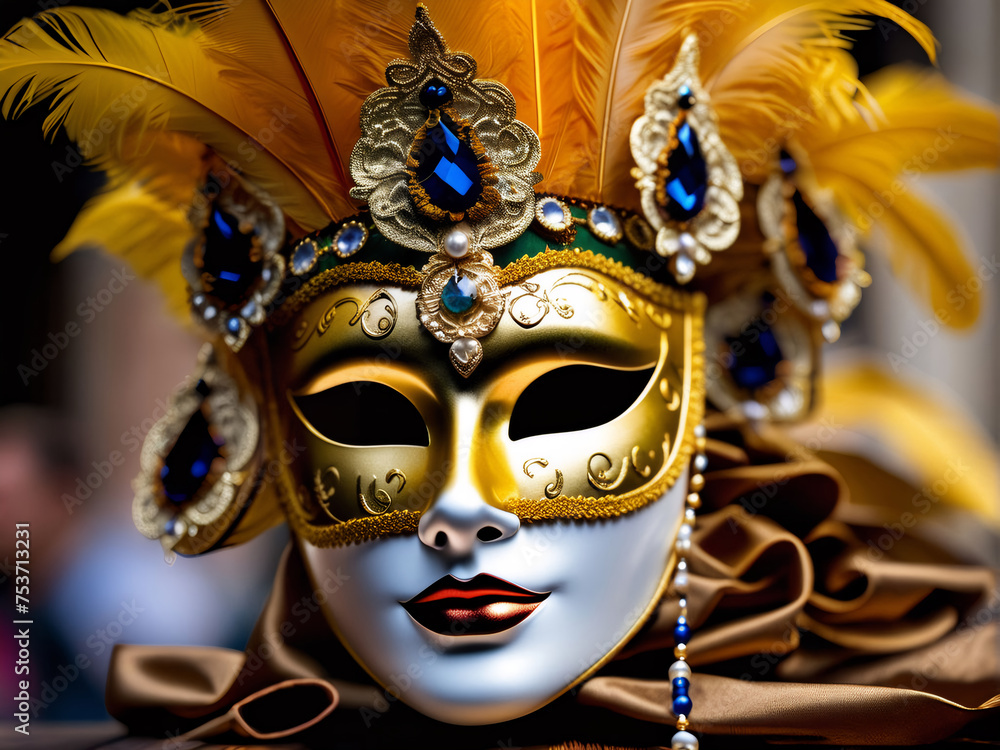 Venice masquerade carnival with golden masks, feathers, and festive atmosphere.