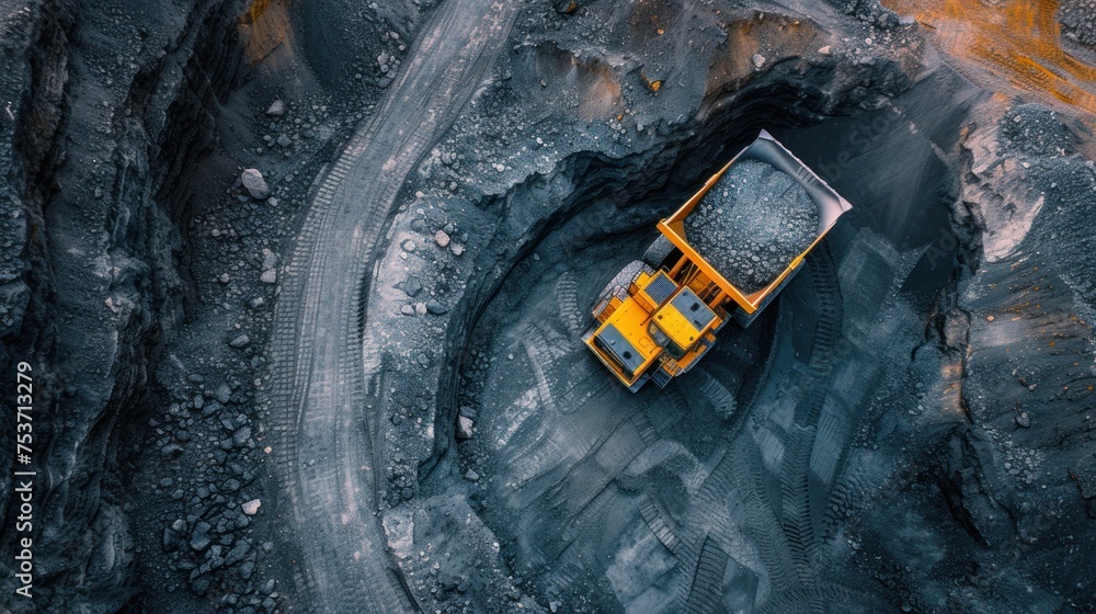 Aerial view of an excavator in a mining quarry.