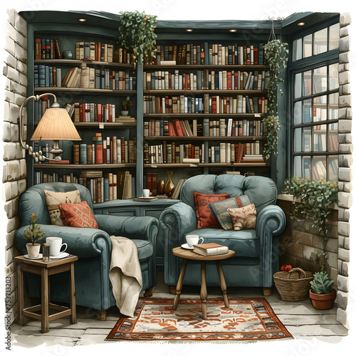 A cozy bookshop interior with shelves of books  a reading nook  and a steaming cup of tea isolated on white background  sketch  png 