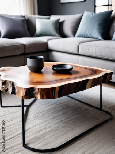 Close-up of a live-edge wooden coffee table against a blurred sofa backdrop in a modern living space  embodying luxury furniture design and a natural lifestyle aesthetic.