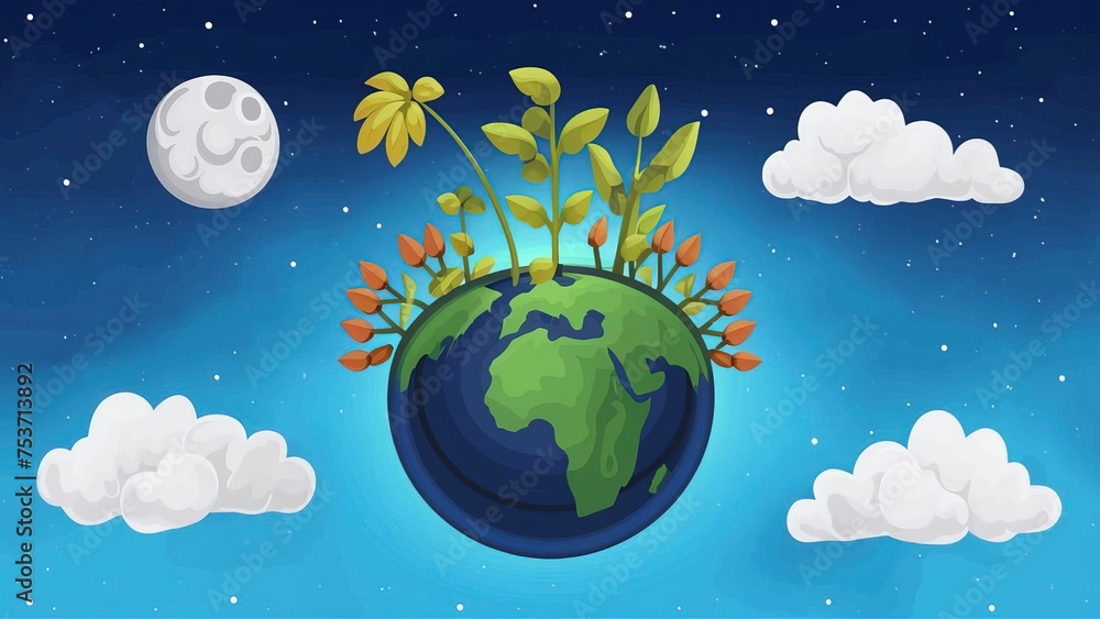Naklejka premium 2d vector cartoon illustration colorful earth logo , painting style , cloud
