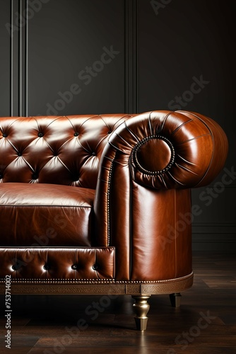 A detailed close-up image of a luxurious leather sofa, showcasing its texture, stitching, and elegant design elements, with soft ambient lighting highlighting its craftsmanship.
