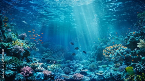 Dark blue teal underwater ocean scene with coral and fish