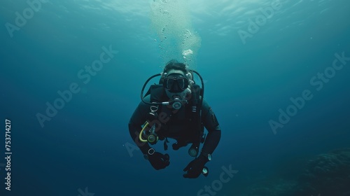 Serene diver in deep waters surrounded by a trail of bubbles photo