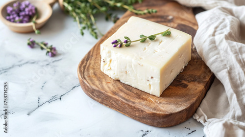 square piece comembert cheese on granite table with rosemary, advertising product, banner, poster