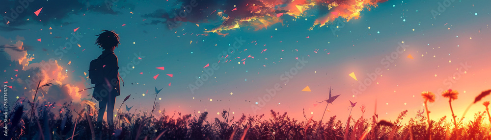 Poetic anime scene character surrounded by origami paper stars pastel night sky minimalist ode to dreams and soul - obrazy, fototapety, plakaty 