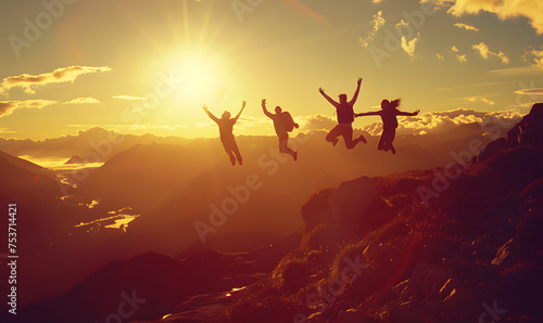 group of young people is jumping on top of the mountain