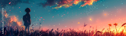 Poetic anime scene character surrounded by origami paper stars pastel night sky minimalist ode to dreams and soul photo