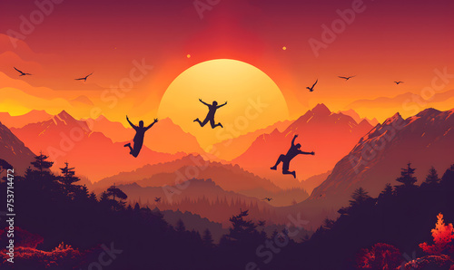 group of young people is jumping on top of the mountain © katobonsai