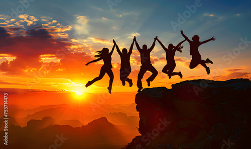 group of young people is jumping on top of the mountain