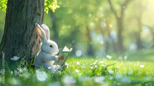 Easter bunny reading a book under a tree. photo