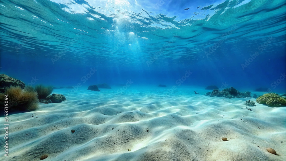 Fototapeta premium Seabed sand with blue tropical ocean above, empty underwater world , ONLY SAND.Underwater world: sandy bottom of the tropical ocean.Bright colors of the underwater world: photos of the sandy bottom.Th