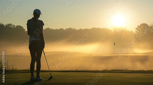 Silhouetted golfer standing with club on a misty golf course at sunrise, contemplating a serene, foggy landscape..