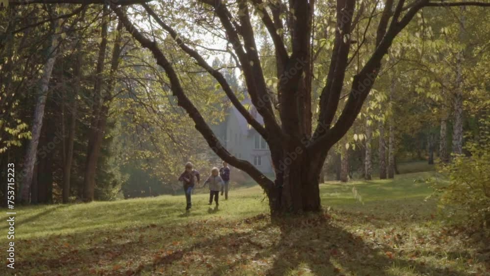 Happy children running in public park. Kids running in nature past a large muddy tree. Slow motion. Sun rays break through the foliage of magnificent green tree. Happy children running in public park. Kids running in nature past a large muddy tree. Slow motion. Sun rays break through the foliage of magnificent green tree.