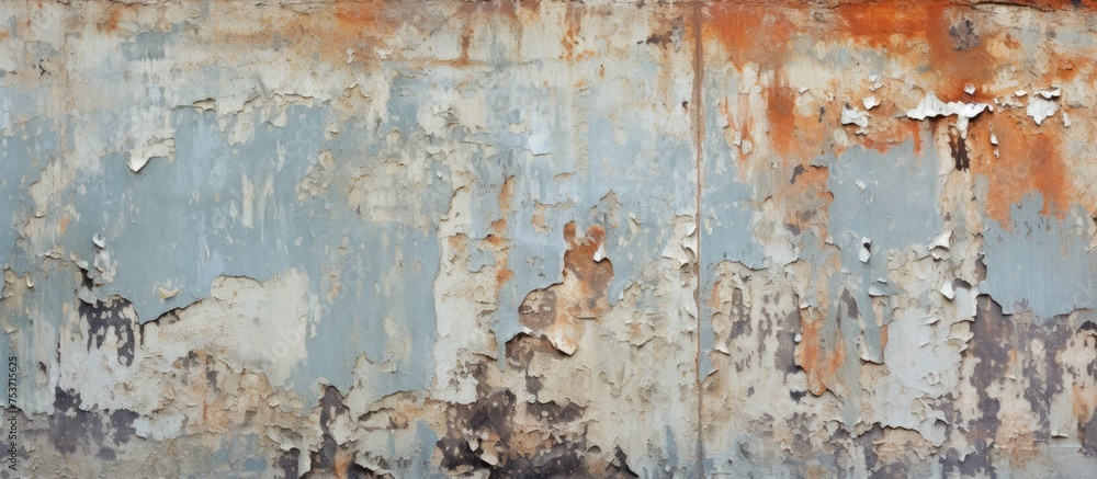 Weathered peeling paint on old cement wall and rusty metal texture