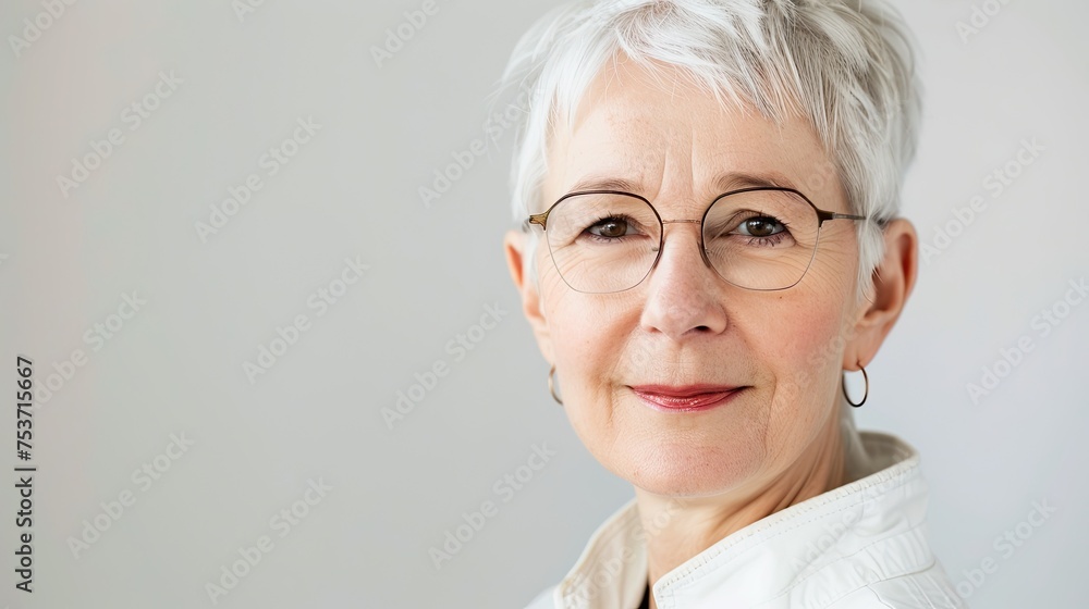 Mature Caucasian woman portrait, for business profile, white background.
