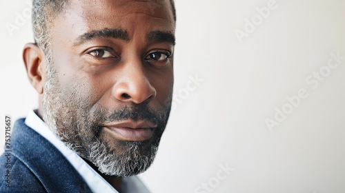 Mature Afro Black man portrait, for business profile, white background.
