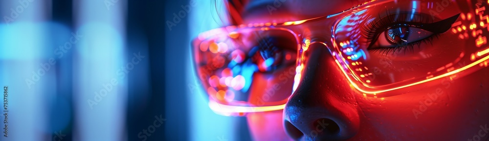 Close up of young woman. Science fiction thermal effect image with neon science technology feel showing galaxies plasma motion banner background. Generative AI
Close up of young woman. Science fiction thermal effect image with neon science technology feel showing galaxies plasma motion banner background. Generative AI