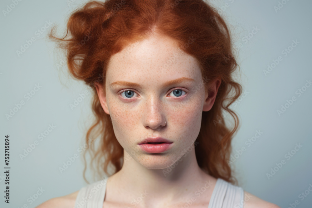 Portrait of a serene redhead with freckles and striking blue eyes, against a pale blue background. Portrait of a serene redhead with freckles and striking blue eyes, against a pale blue background.