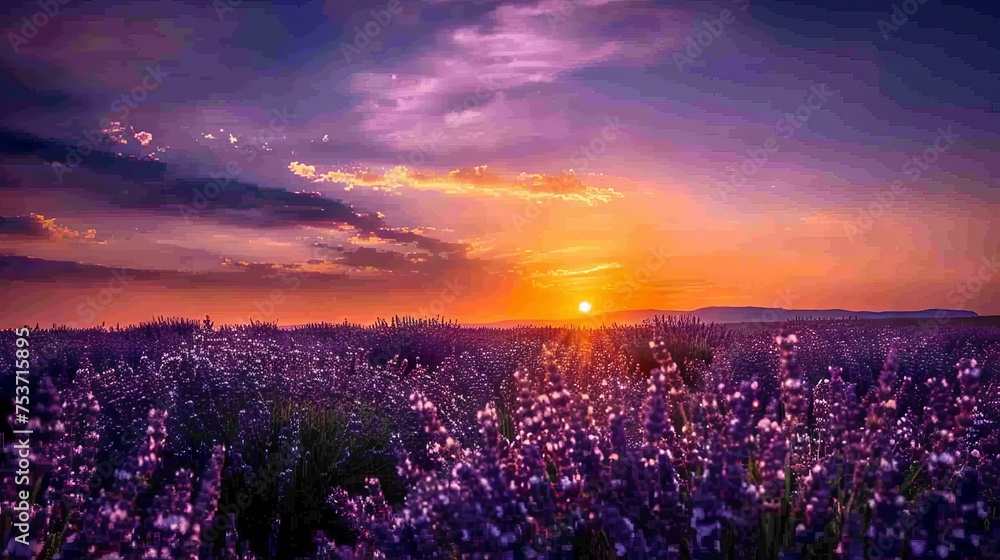 Golden sunset yellow and twilight lavender, serene evening sky - obrazy, fototapety, plakaty 