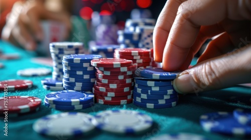 Focused view of a gambler's hands piling up casino chips during a game