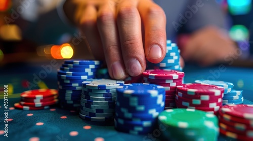 Close-up of poker player's hands clutching a heap of casino chips.