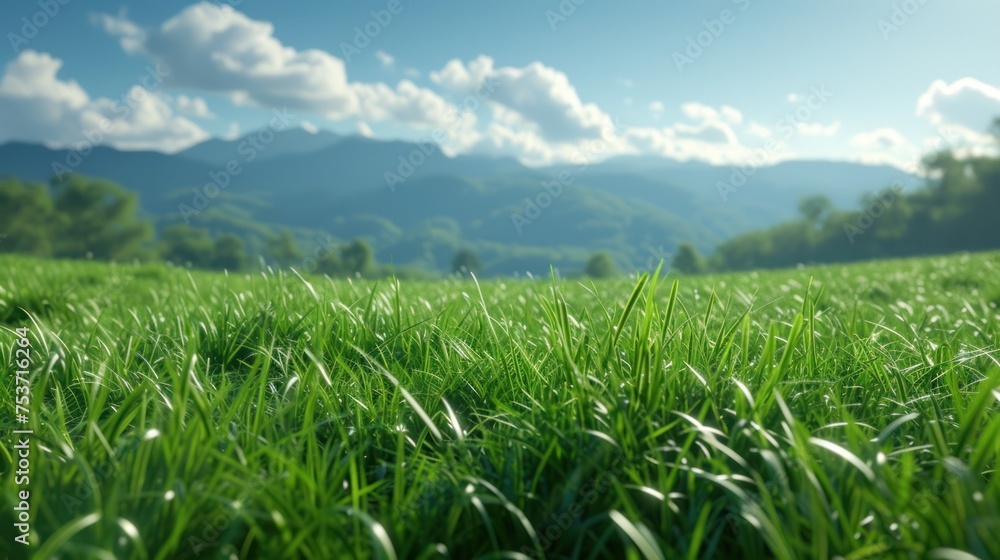 Dewy grass field with distant mountains under a clear blue sky Dewy grass field with distant mountains under a clear blue sky