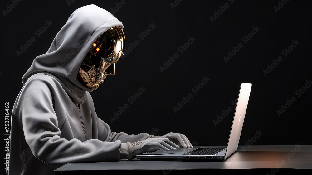 Robot sitted at the table working at computer dark background Robot sitted at the table working at computer dark background