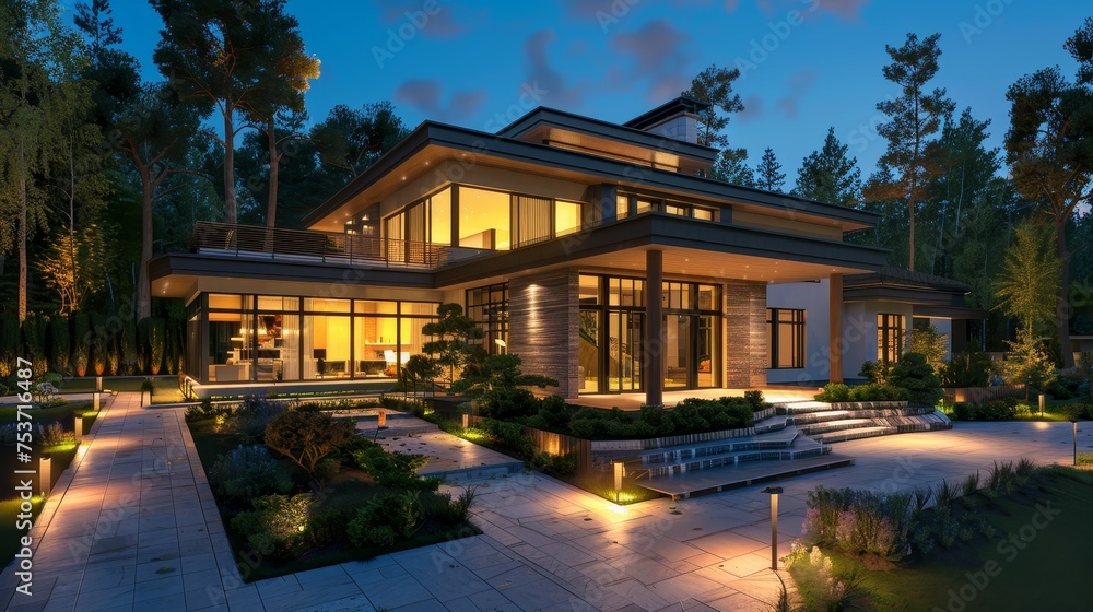 Fototapeta premium Luxurious modern house exterior house illuminated by elegant lighting