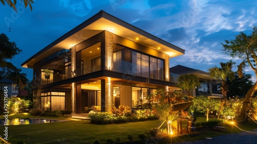 Luxurious modern house exterior house illuminated by elegant lighting photo