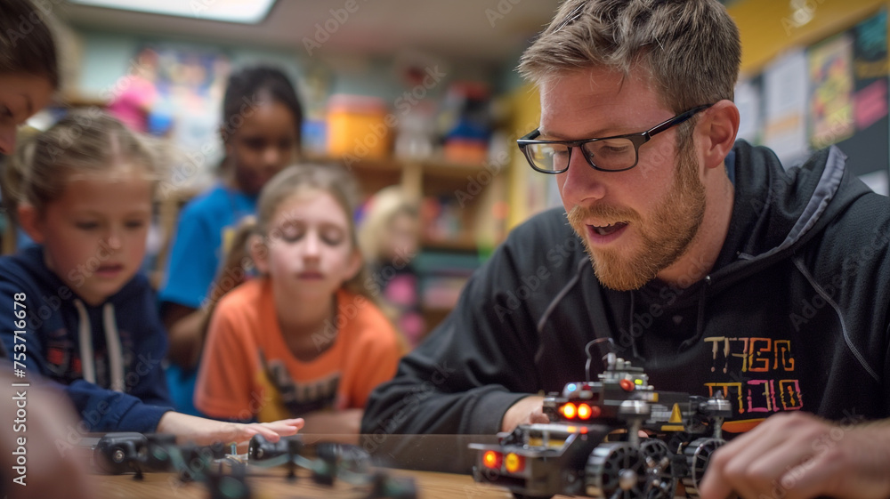 Teacher assisting student about robot coding programing