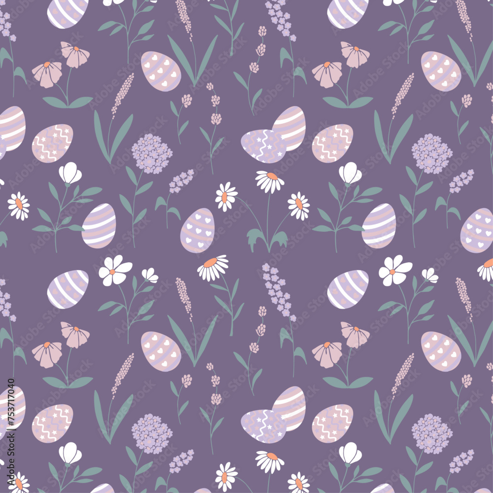 Seamless Easter multicolored pastel botanic pattern of flowers, plants, eggs in flat style. Elegant, aesthetic, stylish hand drawing doodles of vector vintage botanical elements. Seamless Easter multicolored pastel botanic pattern of flowers, plants, eggs in flat style. Elegant, aesthetic, stylish hand drawing doodles of vector vintage botanical elements.
