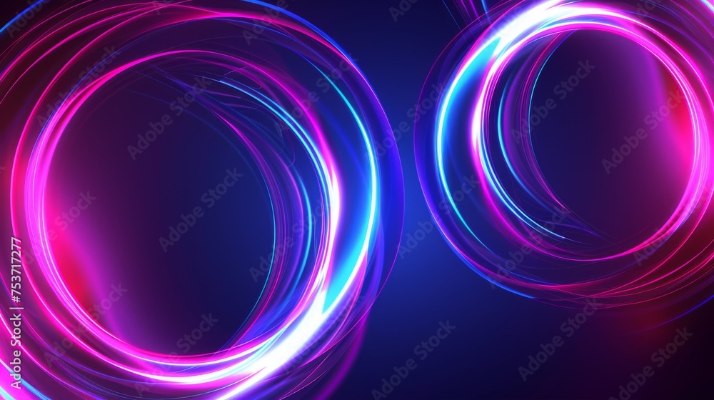 Neon glowing circles with abstract waves on a dark retro background Neon glowing circles with abstract waves on a dark retro background