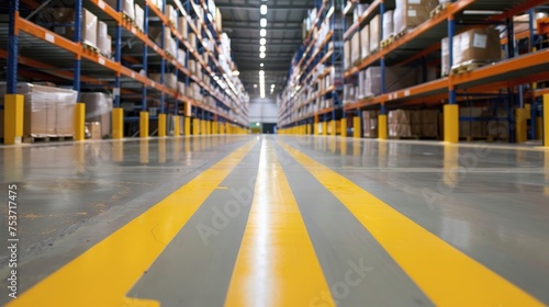 Modern warehouse floor with yellow markings on the floor photo