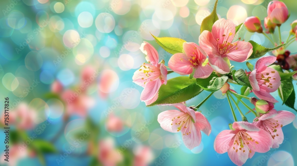 Beautiful cherry blossom pink sakura in spring time over blue sky.