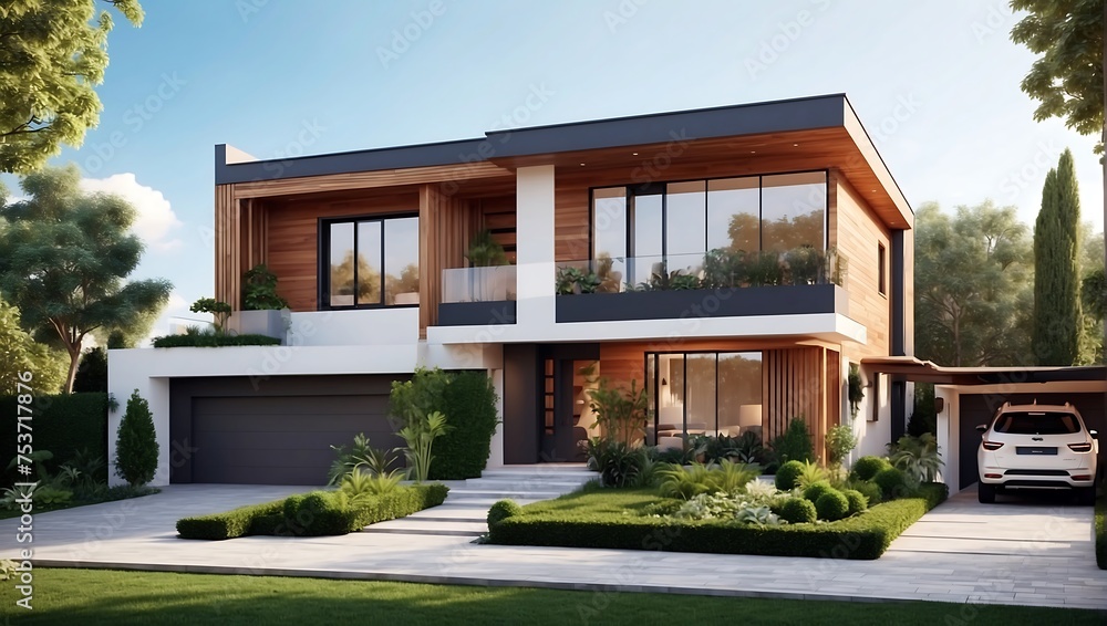 Fototapeta premium Modern Design of Duplex House with path and gardening exterior design