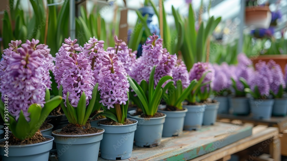 Many pots with bright spring flowers are arranged in a row at market or shop. Hyacinths in pots Many pots with bright spring flowers are arranged in a row at market or shop. Hyacinths in pots