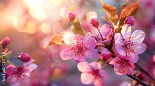 Beautiful cherry blossom pink sakura in spring time over blue sky. © lelechka