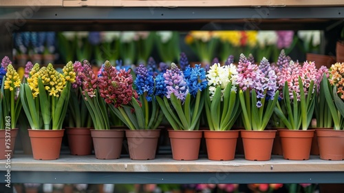 Many pots with bright spring flowers are arranged in a row at market or shop. Hyacinths in pots