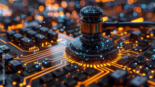 A gavel resting on a glowing circuit board, representing the intersection of law and technology.