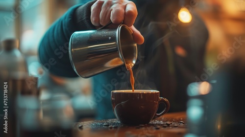 Barista pouring milk into a cup of coffee latte art.