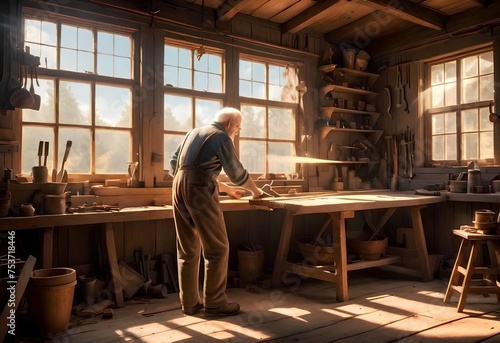 an elderly man, a carpenter, working in his workshop. © Peredniankina