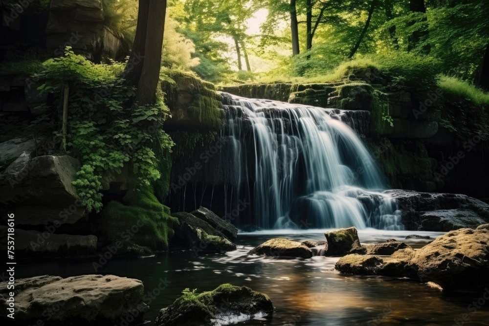 A waterfall in a tropical forest, Beautiful waterfall in the forest, long exposure photo with shallow depth of field, waterfall in the forest, Ai generated