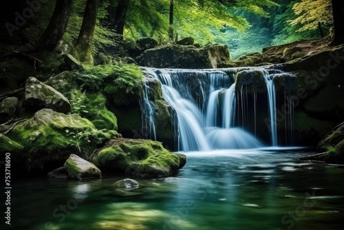 A waterfall in a tropical forest  Beautiful waterfall in the forest  long exposure photo with shallow depth of field  waterfall in the forest  Ai generated