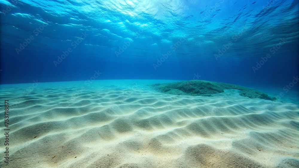 Fototapeta premium Seabed sand with blue tropical ocean above, empty underwater world , ONLY SAND.Underwater world: sandy bottom of the tropical ocean.Bright colors of the underwater world: photos of the sandy bottom.Th