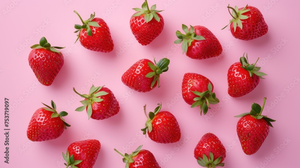 On a pink canvas, a charming strawberry design lays flat, viewed from above On a pink canvas, a charming strawberry design lays flat, viewed from above