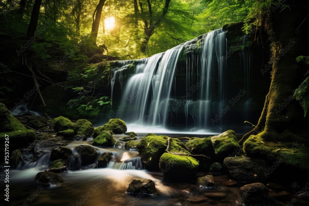 Beautiful waterfall in the forest, long exposure photo with shallow depth of field, waterfall in the forest, tropical landscape in the jungle, Ai generated