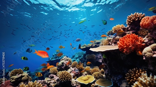 Vibrant underwater scene teeming with fish and coral reefs.