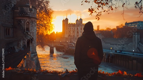 Man Watching Sunset over Tower Bridge in London